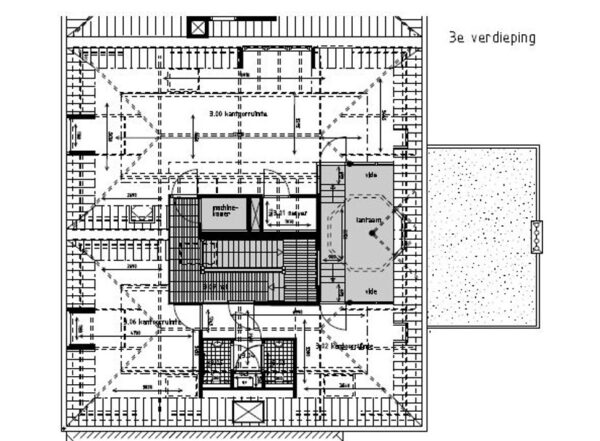 Plattegrond van de derde verdieping van een gebouw aan de Prof. Tulpstraat met kamers, trappenhuis en lift weergegeven.